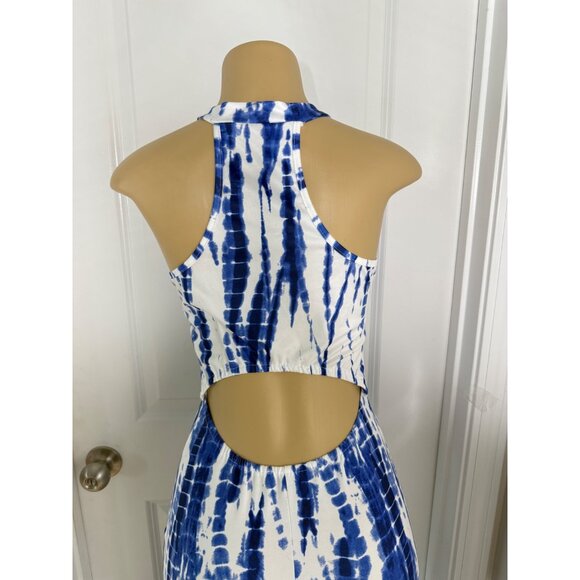 Blue & White Tie-Dye Maxi Dress Halter Neck Cutout Back Sleeveless Stretchy Medi - Picture 3 of 4